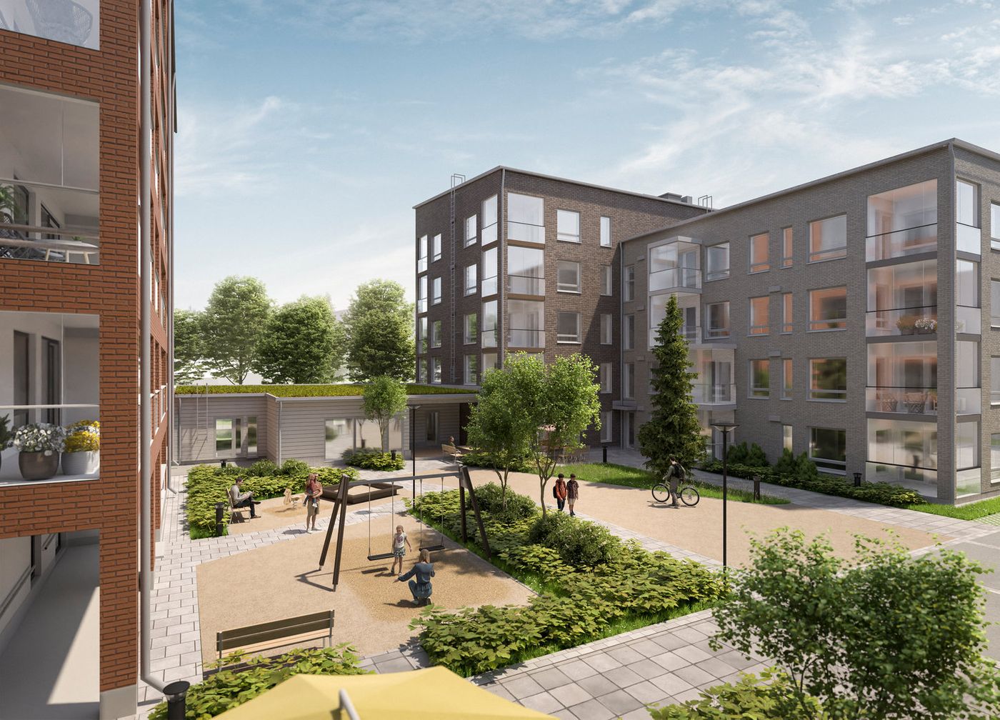 Tontilla sijaitsevien piha-alueiden lisäksi As Oy Hatanpään Botanicalla on osuus koko korttelia palvelevasta yhteisestä piha-alueesta, jossa sijaitsee ihastuttava pihasauna, viihtyisiä oleskelu- ja viheralueita sekä kulkureittejä. Viitteellinen kuva.