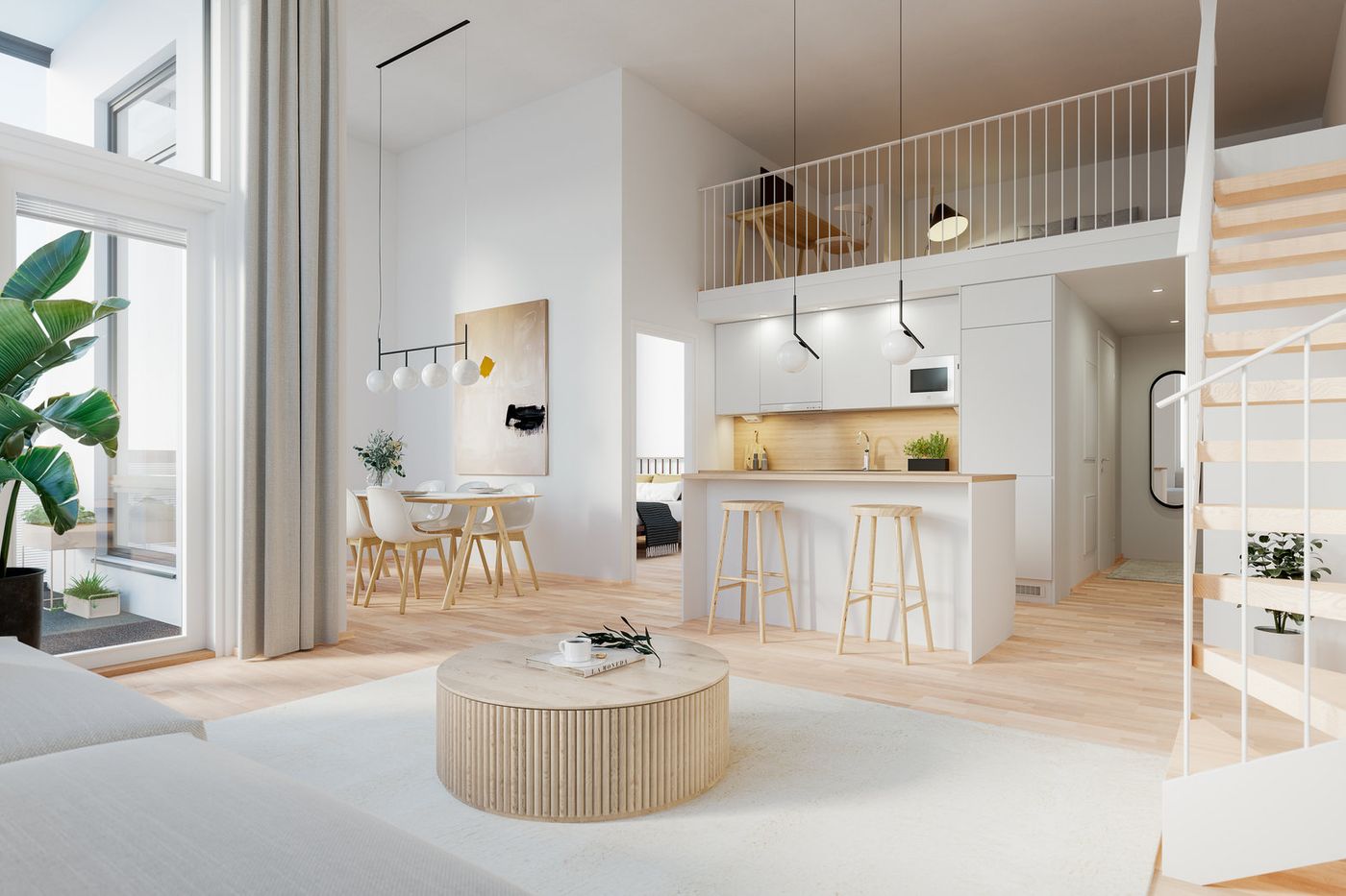 Ylimmän kerroksen kodeissa on hulppea parvi, joka tuo kotiin ilmavaa lisätilaa. Viitteellinen kuva asunnosta A45