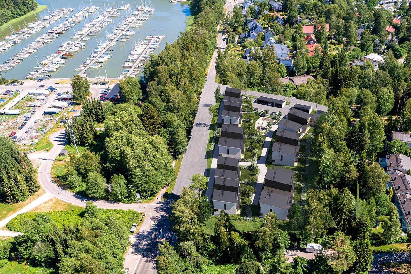 Jollaksen Kapteeni rakentuu merellisen alueen aaltojen tuntumaan aivan Sarvaston venekerhon läheisyyteen. Viitteellinen kuva kohteesta.