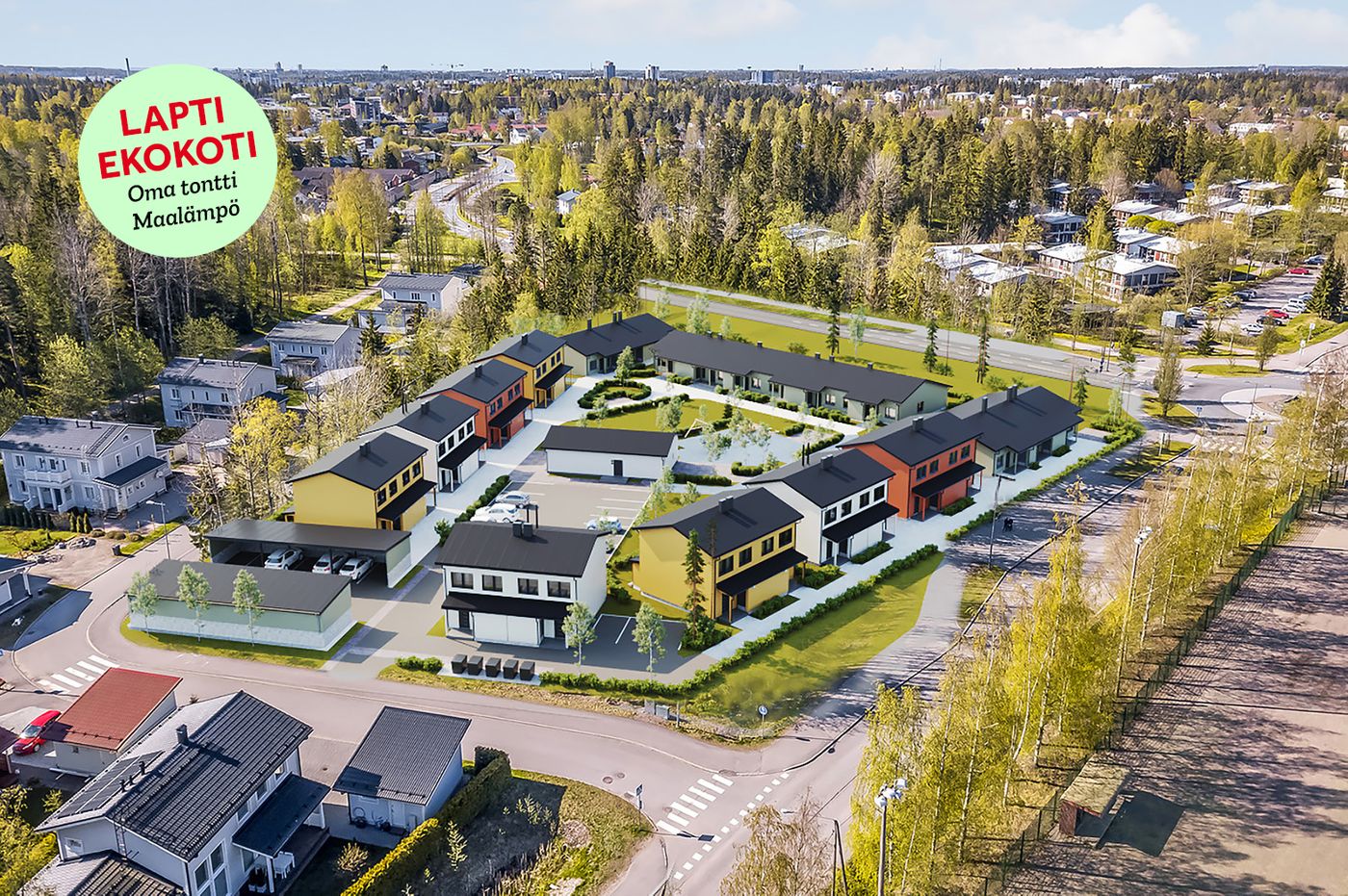 Espoon Lintusen paritalot ovat kaksikerroksia ja rivitaloasunnot yksikerroksisia. Kaikissa asunnoissa on oma terassi ja piha. Viitteellinen kuva kohteesta.